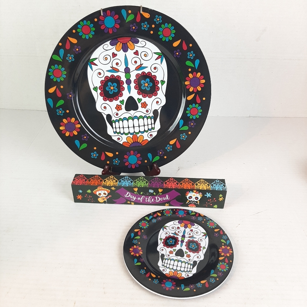 🔥Day of the Dead Sugar Skull Black Charger and SaladPlate and Sign